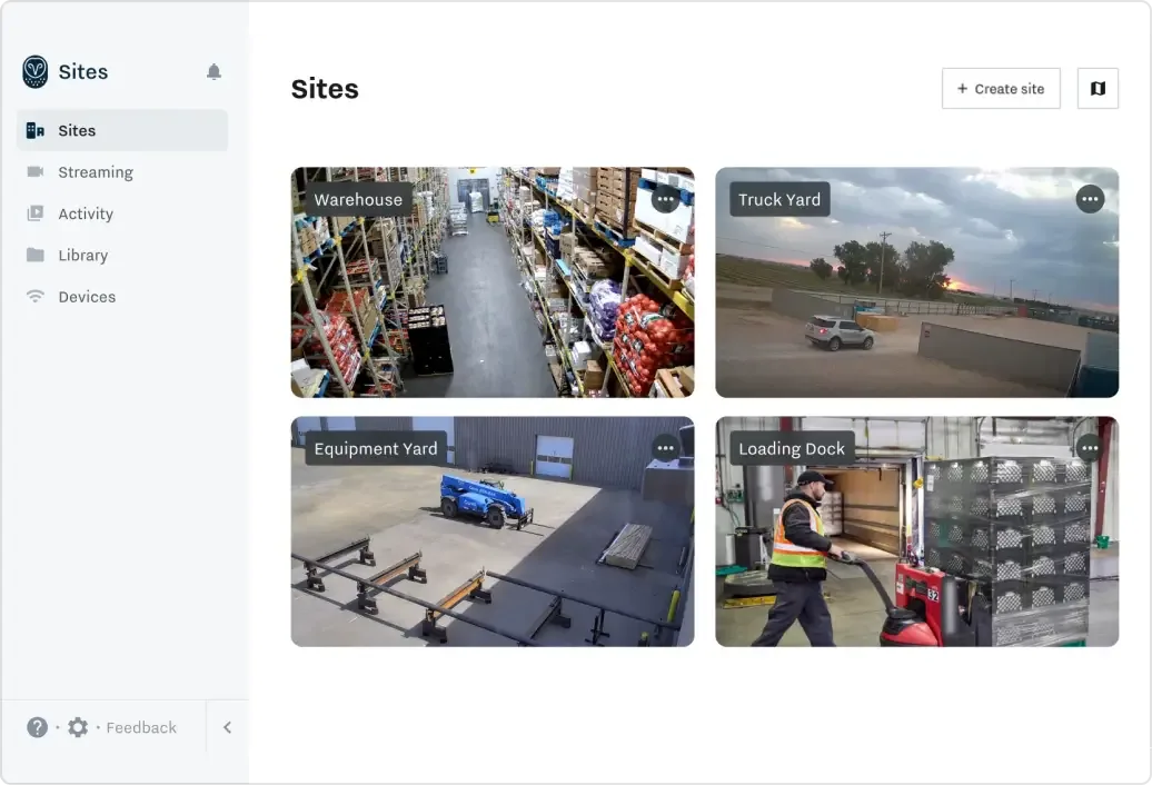 Samsara Site Visibility Sites screen with menu entries and four camera tiles labelled Warehouse, Truck Yard, Equipment Yard and Loading Dock