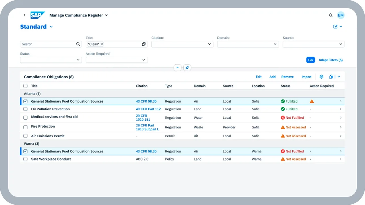 SAP Manage Compliance Register app listing compliance obligations by site with citation, type, domain, status and action-required columns.