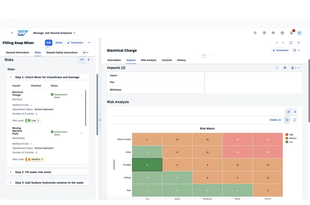 SAP app Manage Job Hazard Analyses for a filling mixer with hazard steps, risk levels, impacts and a likelihood-by-severity risk matrix.