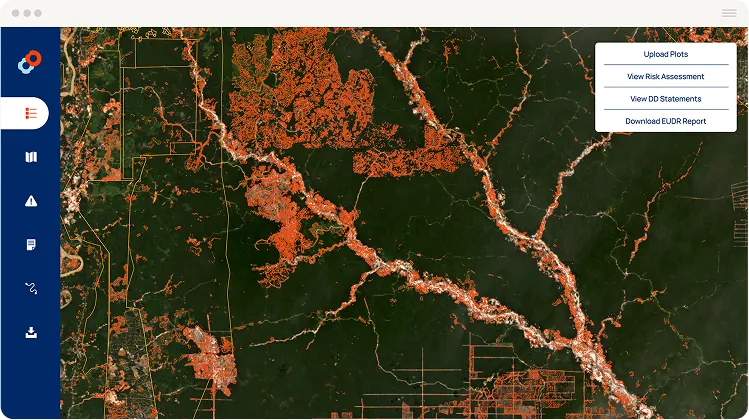 Satellite map with orange forest-loss outlines and a menu: Upload Plots, View Risk Assessment, View DD Statements, EUDR Report