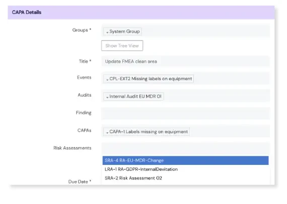 CAPA form with fields linking groups, events, audits, other CAPAs and risk assessments