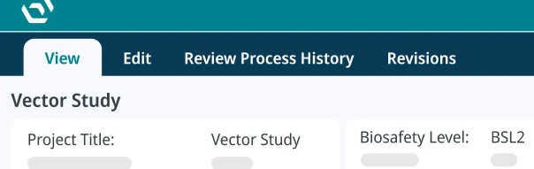 Biosafety project record with View, Edit, Review Process History and Revisions tabs, a project title and a biosafety level