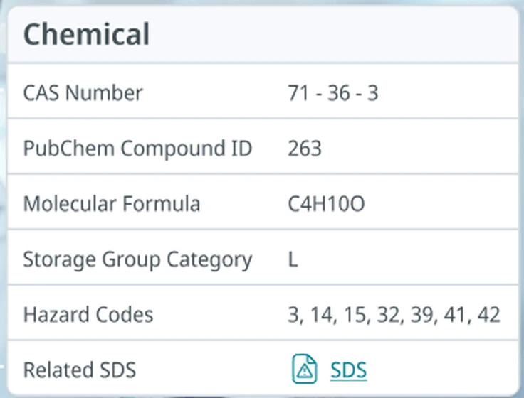 Chemical record table with CAS number, molecular formula, storage group category, hazard codes and a related SDS link