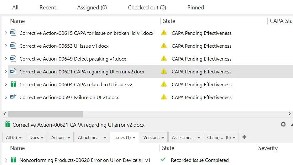 List of corrective action documents in state CAPA Pending Effectiveness with a related-issues tab open below