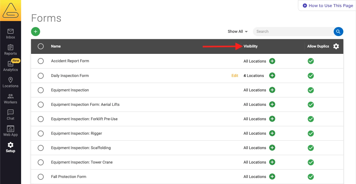 Forms setup page listing safety form templates with a Visibility column highlighted by a red arrow