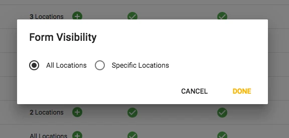 Form Visibility dialog with radio options for all locations and specific locations