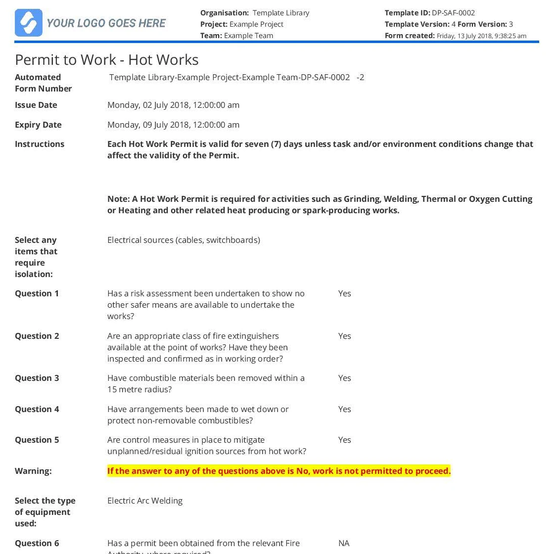Hot works permit form with issue and expiry dates, instructions and yes/no fire safety questions