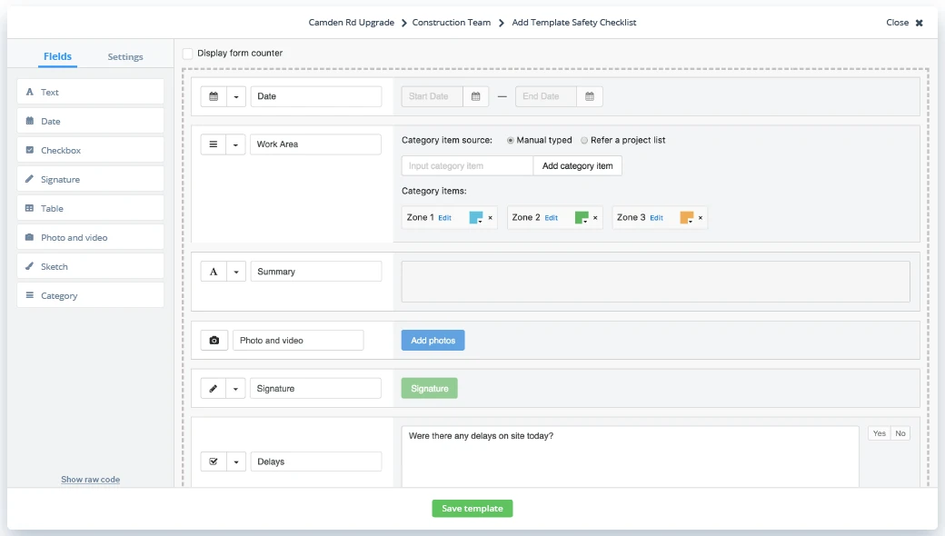 Template builder with a list of field types such as text, date, checkbox, signature and photo, and form fields on the right