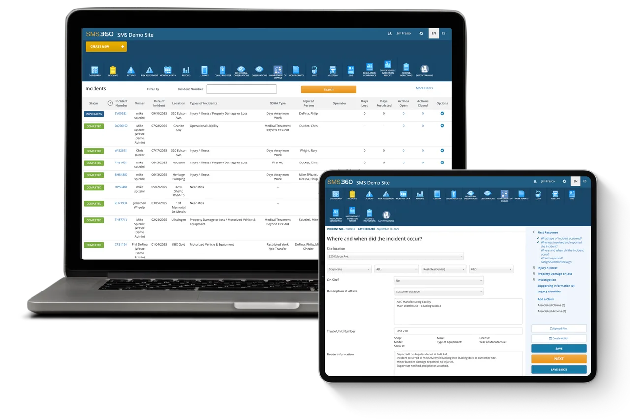 Laptop with a table of incidents by status, type and OSHA category and a tablet with an incident location form
