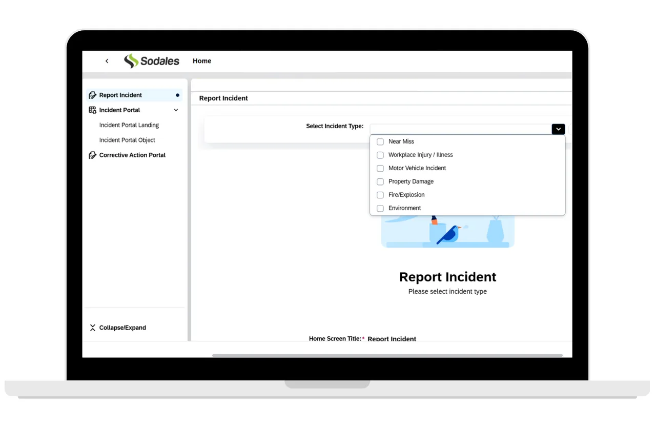 Laptop showing a Report Incident screen with a drop-down of incident types and a portal menu