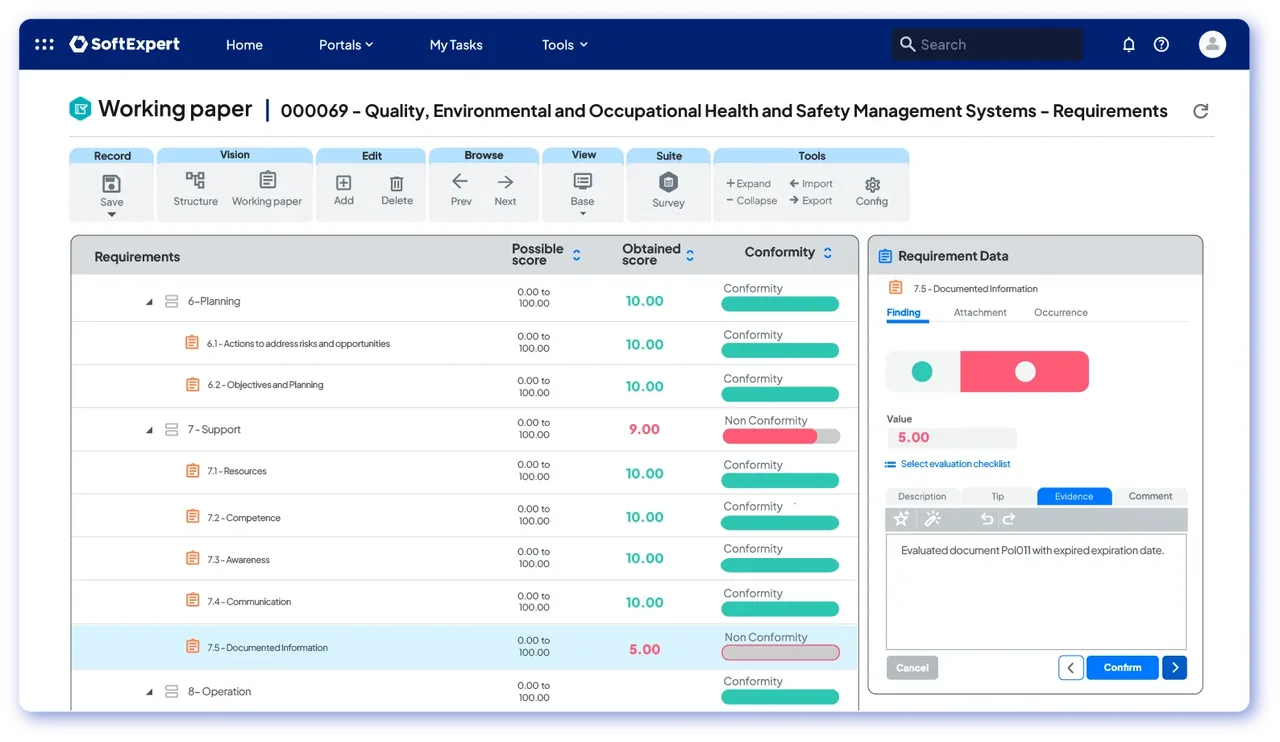 SoftExpert audit working paper with requirement scores and conformity bars beside a panel for finding and evidence