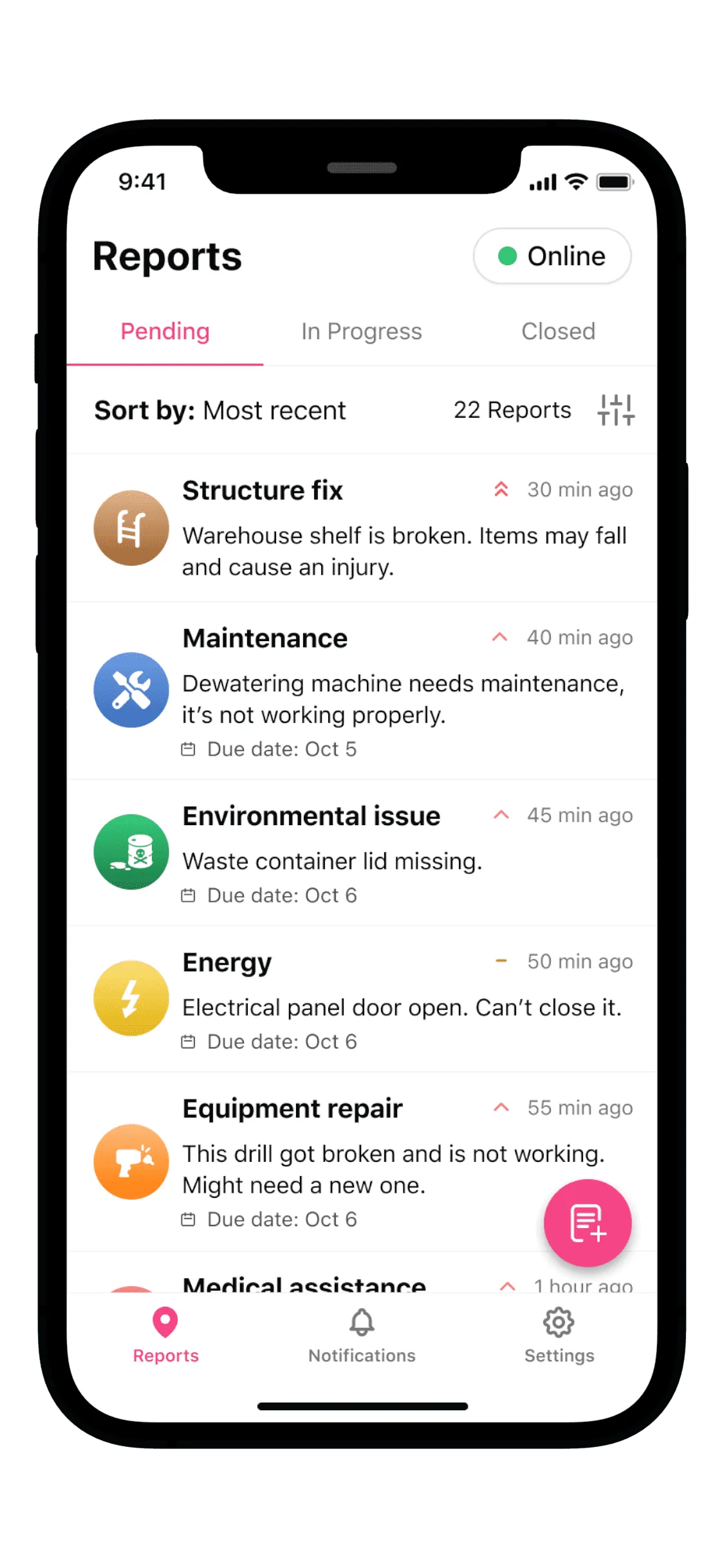 Phone screen titled Reports with Pending, In Progress and Closed tabs listing generic reports with due dates.