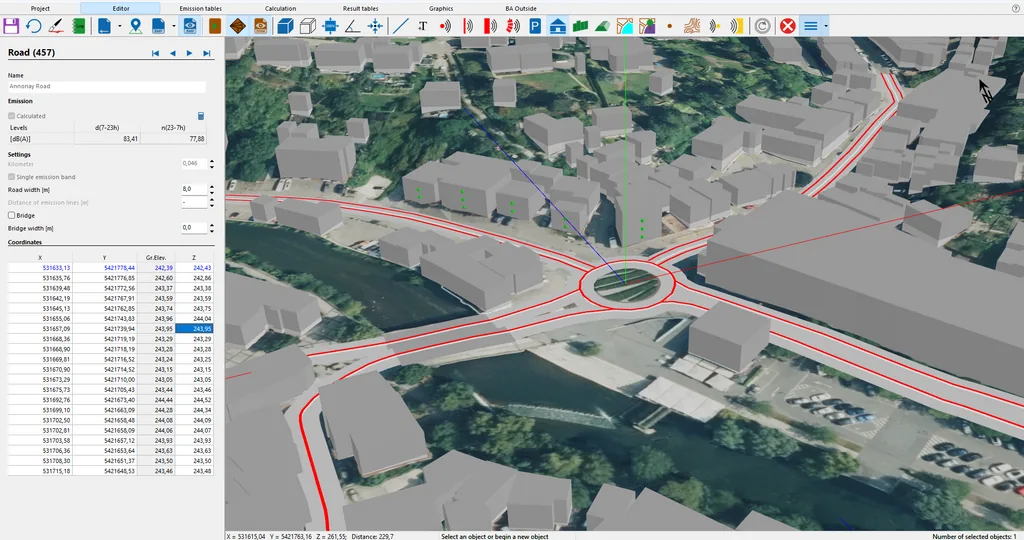 SoundPLANessential editor window showing a 3D model of a roundabout with buildings and a road coordinate table on the left.