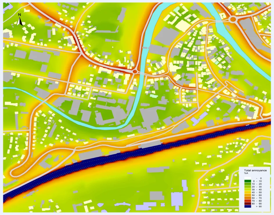 Colour-coded noise map of a town with roads, buildings and a legend titled Total annoyance in percent.