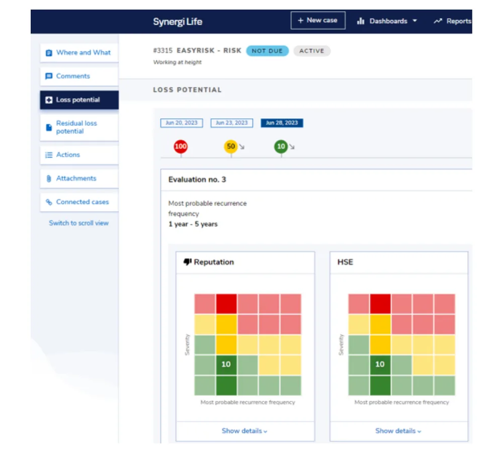 Synergi Life case screen with a side tab list, evaluation dates and reputation and HSE severity matrices