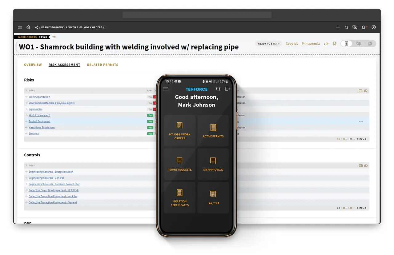 Desktop work order screen listing risks and controls, with a phone showing permit-to-work menu tiles