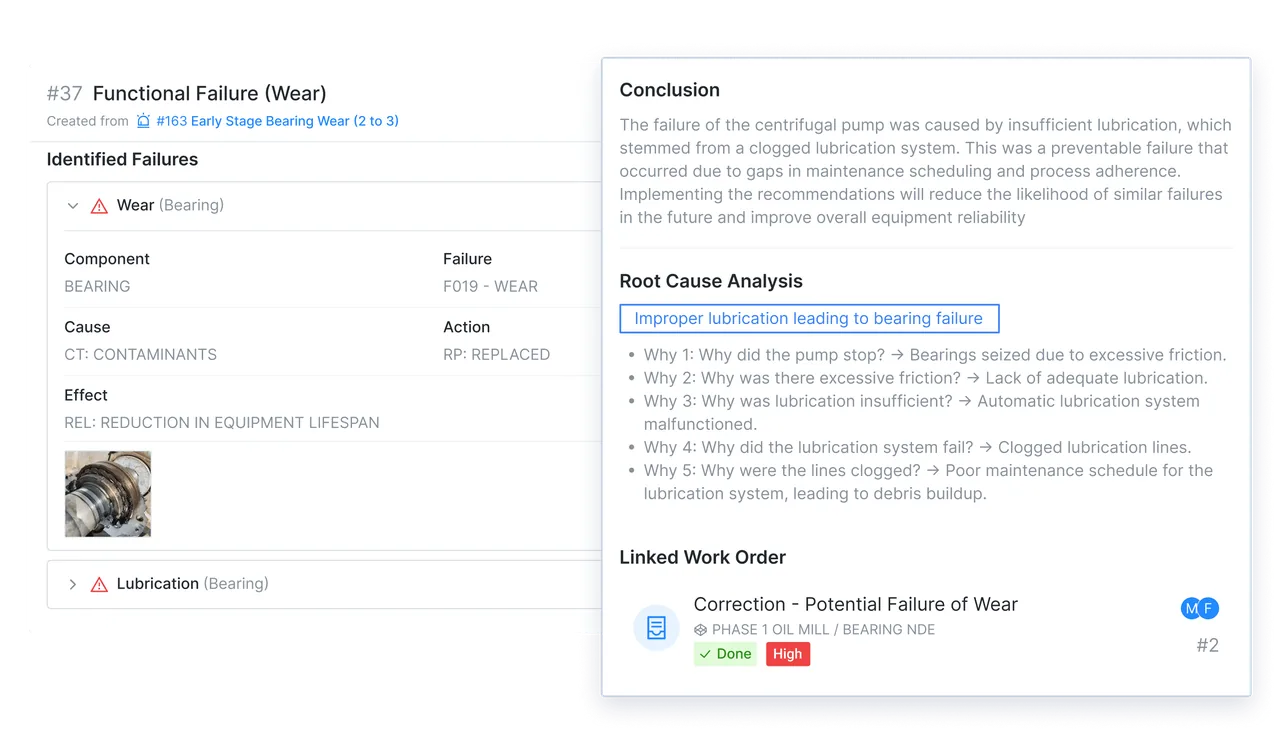 Failure record listing component, cause and action, beside a five-why root-cause analysis and a completed linked work order.