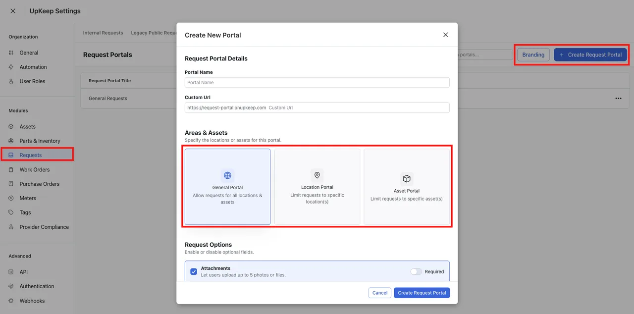 UpKeep Settings with a Create New Portal dialog offering General, Location and Asset portal types and an attachments option.