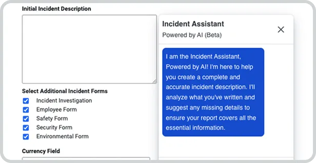Incident form with an empty description box and an Incident Assistant panel offering to suggest missing details