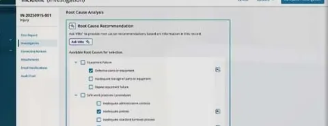 VelocityEHS incident investigation interface with root-cause recommendations and available causes