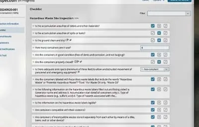 VelocityEHS hazardous-waste inspection checklist with questions and response controls