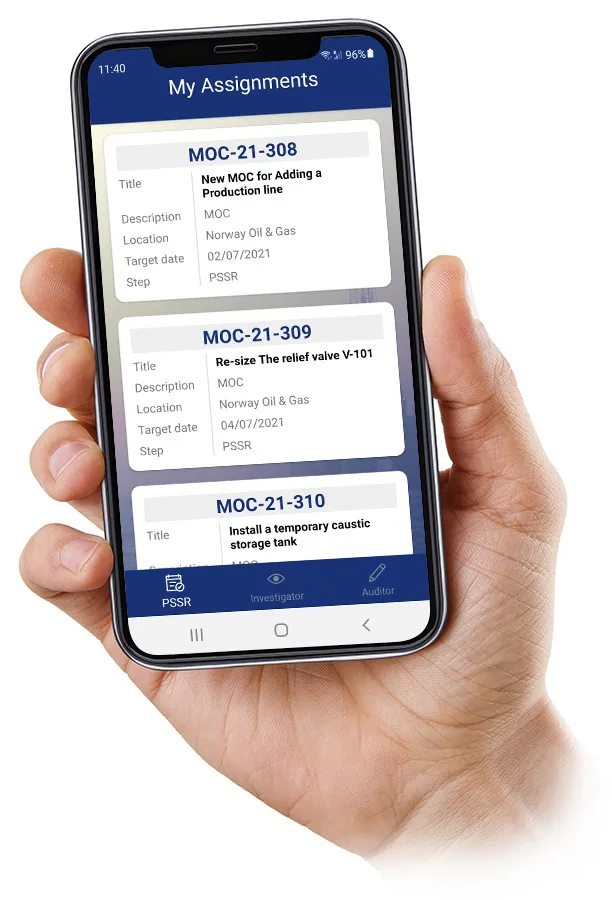 Hand holding a phone showing My Assignments with three MOC records, tabs PSSR, Investigator and Auditor