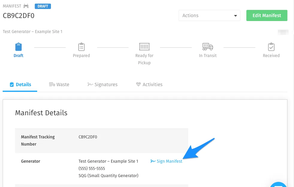 Manifest in Draft status with steps from Prepared to Received, tabs and a generator entry with Sign Manifest link