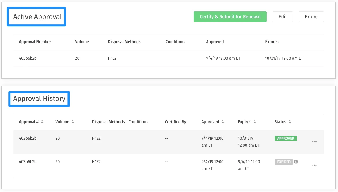 Active Approval and Approval History tables with approval number, volume, disposal method, dates and buttons