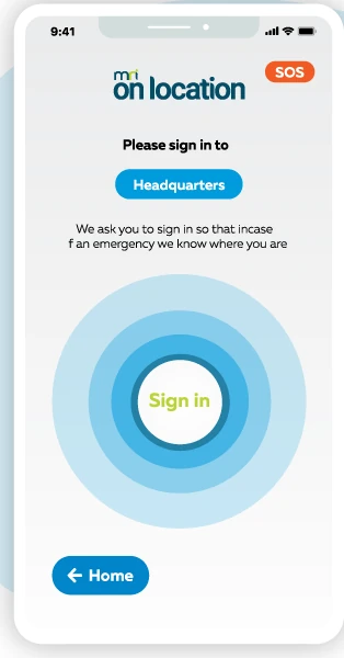 Phone screen asking the user to sign in to Headquarters, with a Sign in button, an SOS button and a Home button