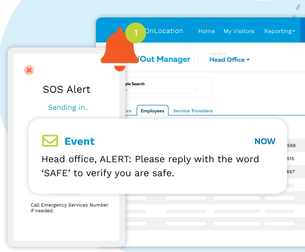 Illustrated SOS alert panel and a notification asking people to reply SAFE, beside part of a sign-in manager screen