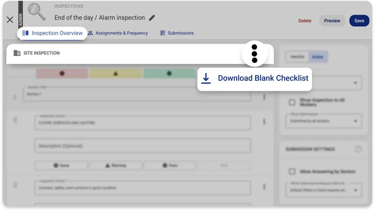 Inspection editor with a menu option labelled Download Blank Checklist over a blurred site inspection checklist.