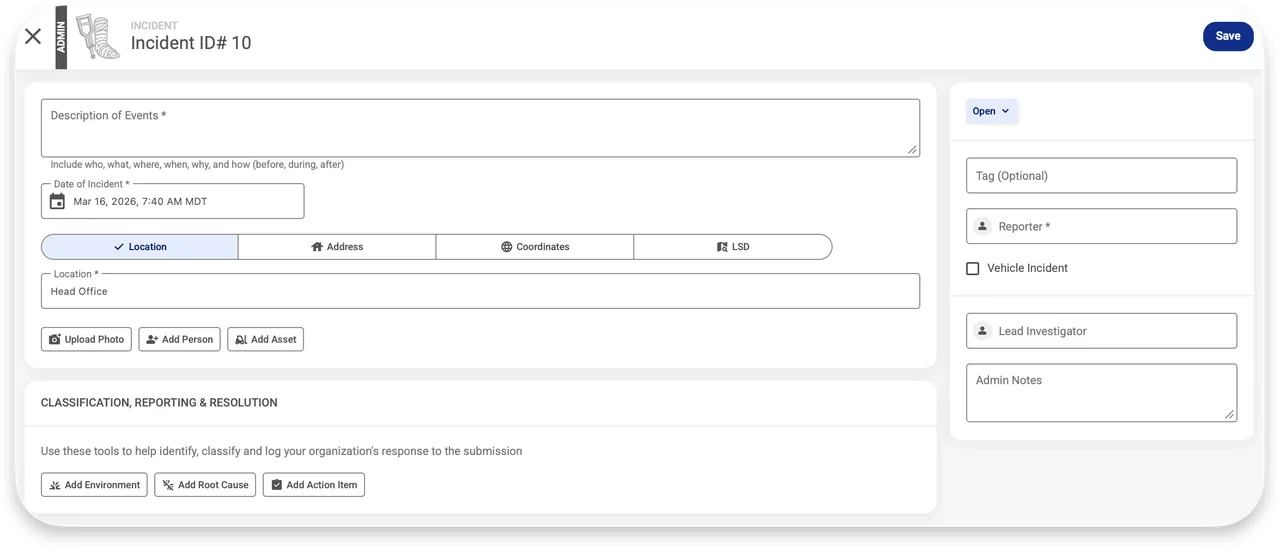 Incident ID 10 form with description, date, location and reporter fields, Open status, and add environment, root cause, action item buttons.