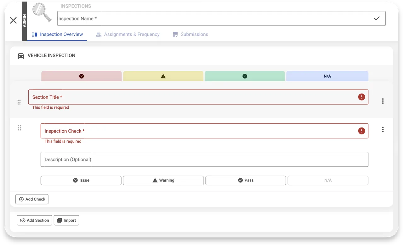 Admin inspection editor with empty section and check fields, Issue, Warning, Pass and N/A options, and Add Check button.